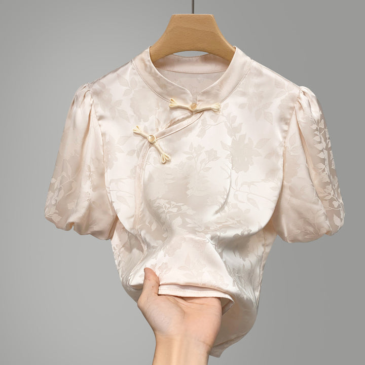 Dame Elegant Blusenshirt med blomsterapplikationer og puffærmer Stilla