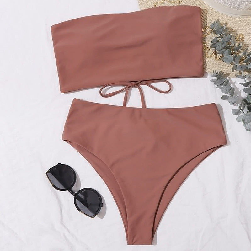 Dame bikini-sæt med bandeau-top og høj talje-bikini-bund Skovae