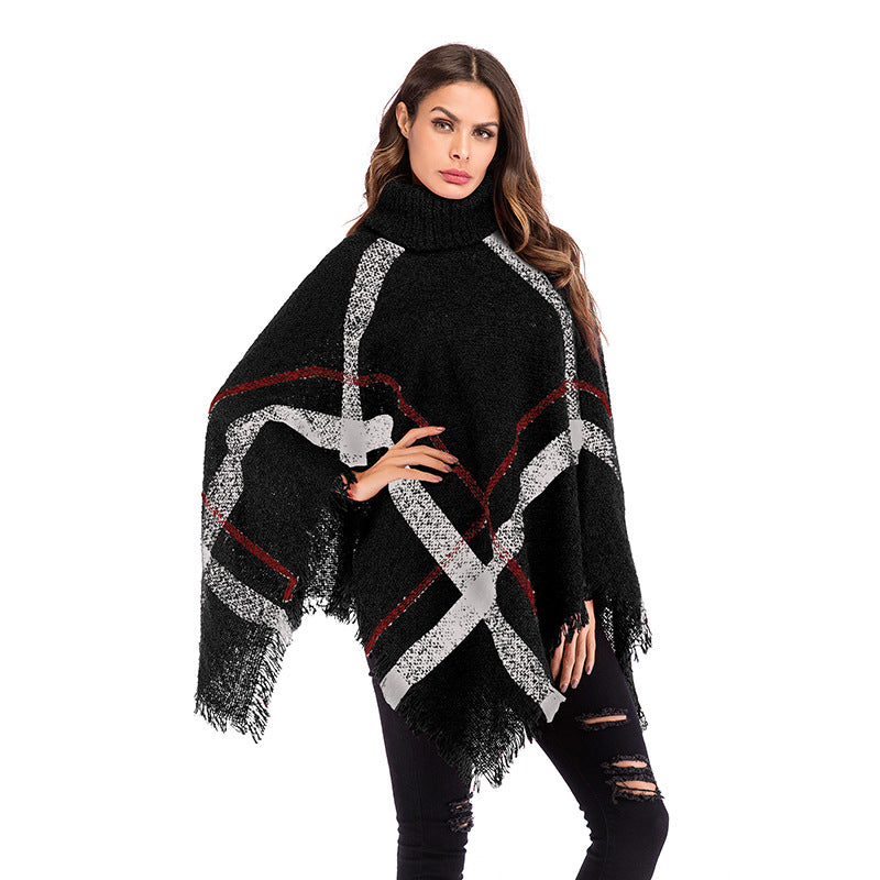 Damernes oversized poncho med rullekrave og afslappet ternet mønster Stilla