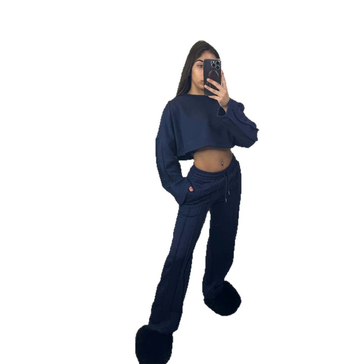 Kvinders afslappet cropped hoodie og brede joggingbukser sæt Skovae