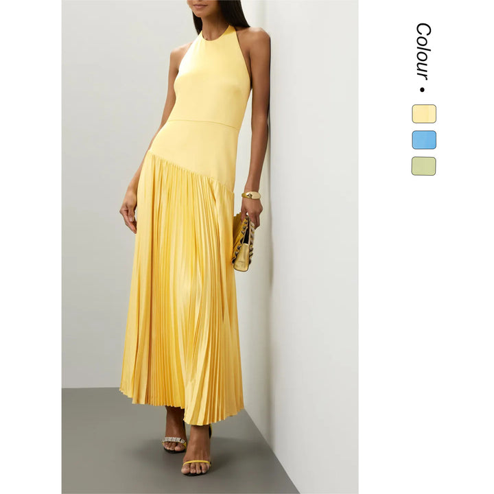 Dame Elegant Maxi Kjole med Flydende Plisseret Nederdel og Halterneck Design