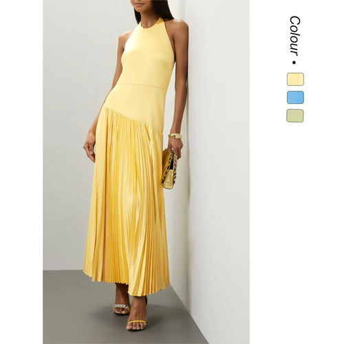 Dame Elegant Maxi Kjole med Flydende Plisseret Nederdel og Halterneck Design