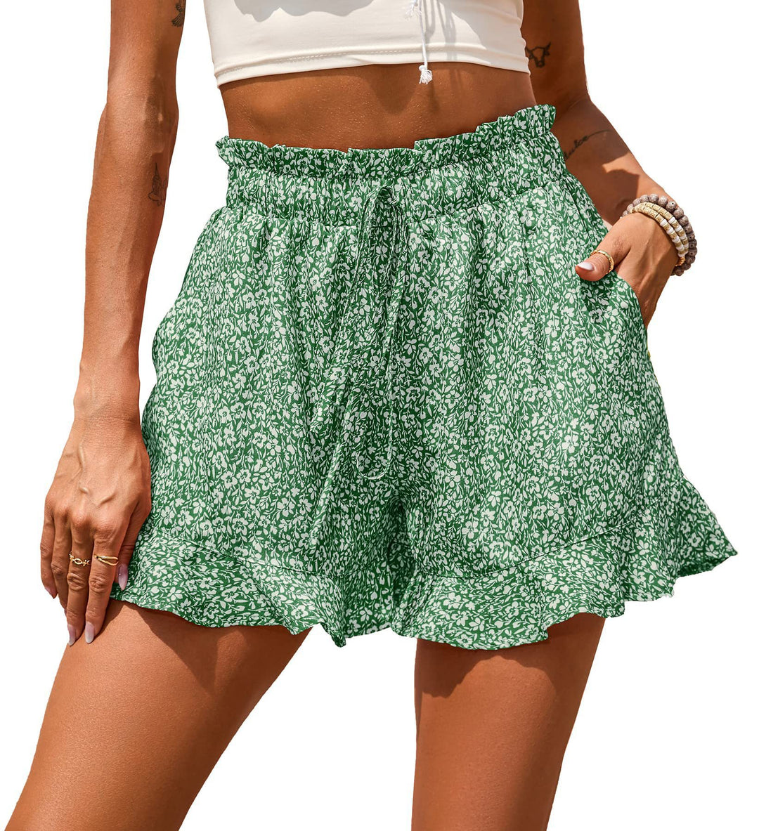 Dame let shorts med blomstermønster og elastisk talje Stilla