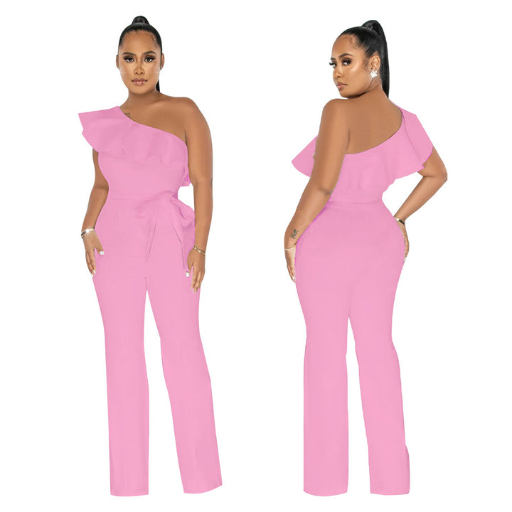 Dame Elegant One-Shoulder Jumpsuit med Rynke Detaljer og Taljebælte Stilla