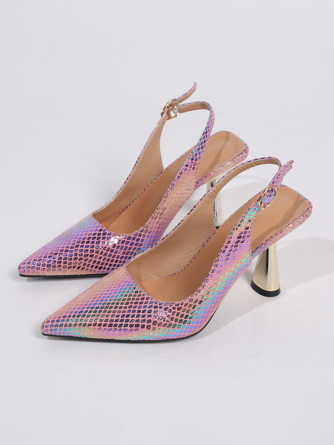 Dame Slingback Pumps med glitrende slangemønster og moderne hældesign Stilla