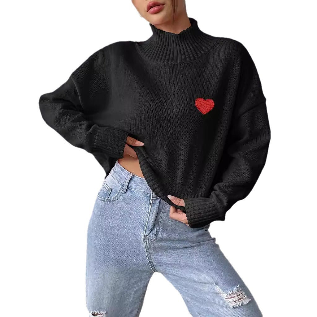 Dame hyggelig turtleneck sweater med hjerteapplikation Stilla