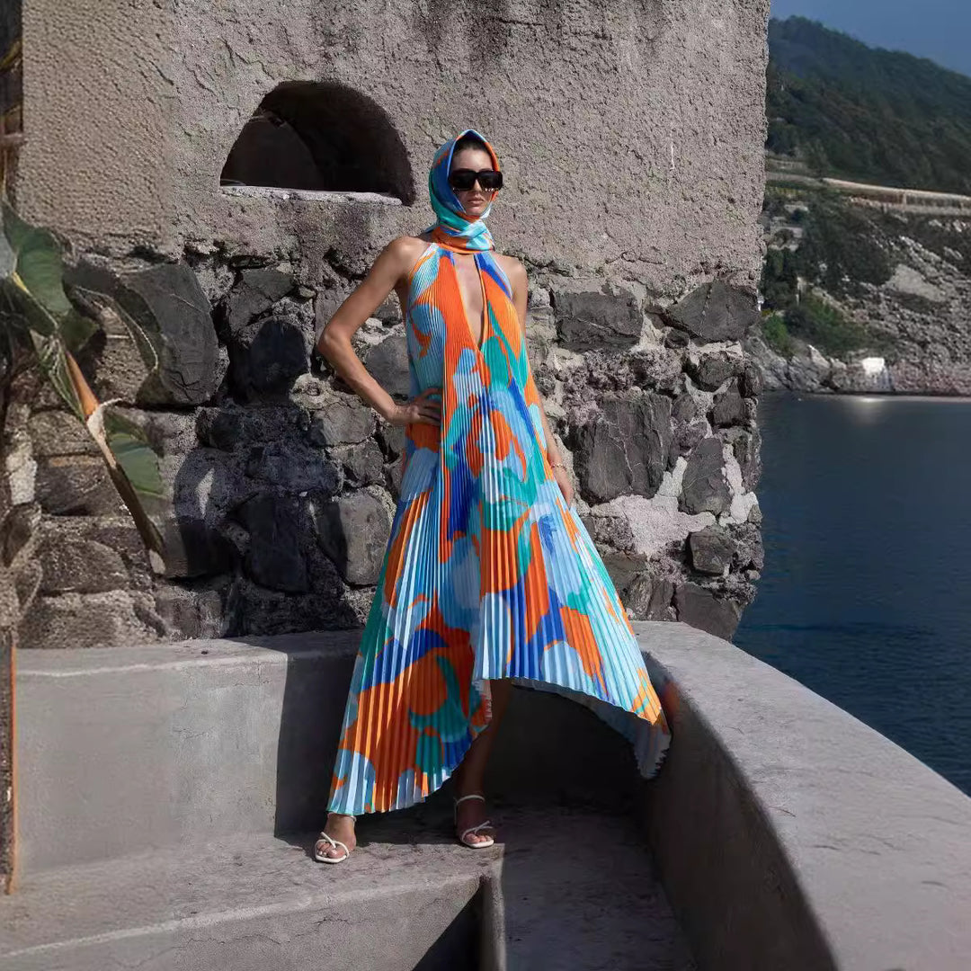 Dame plisseret Maxikjole med dyb udskæring og elegant halterneck stil