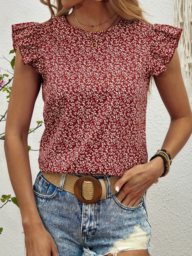 Damebluse med rynkede ærmer og floral mønster Stilla