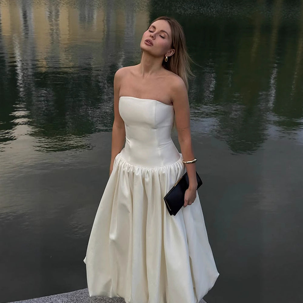 Dame Elegant Talje kjole med skulderfri design Stilla