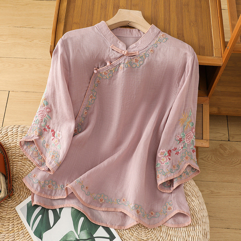 Femme Broderet Kinesisk Kravebluse Stilla