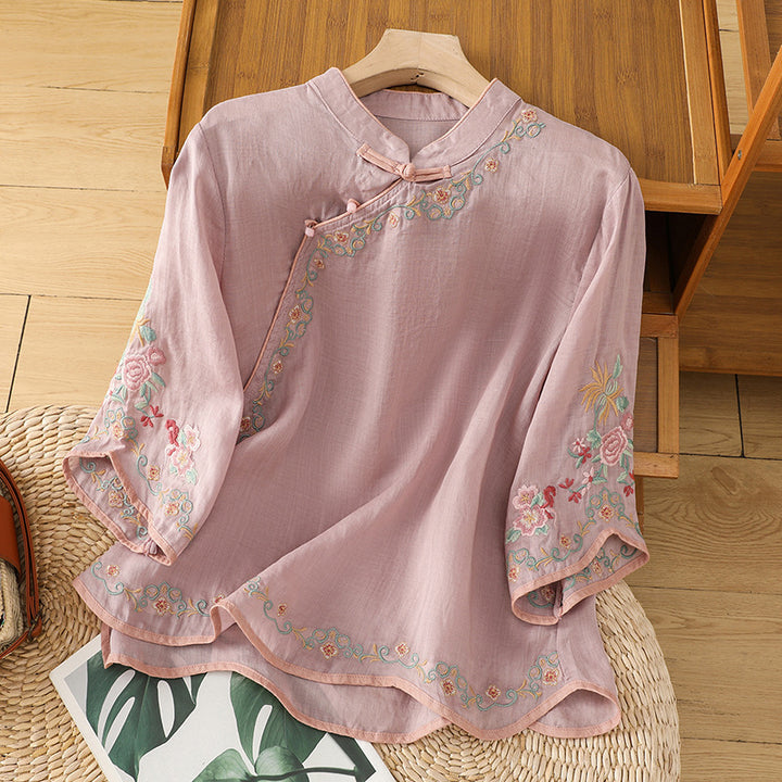 Femme Broderet Kinesisk Kravebluse Stilla