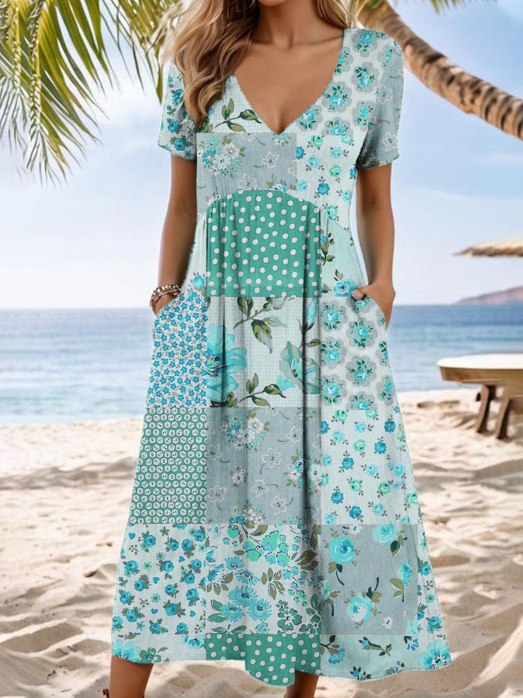 Dame Maxikjole med blomster patchwork-design Skovae