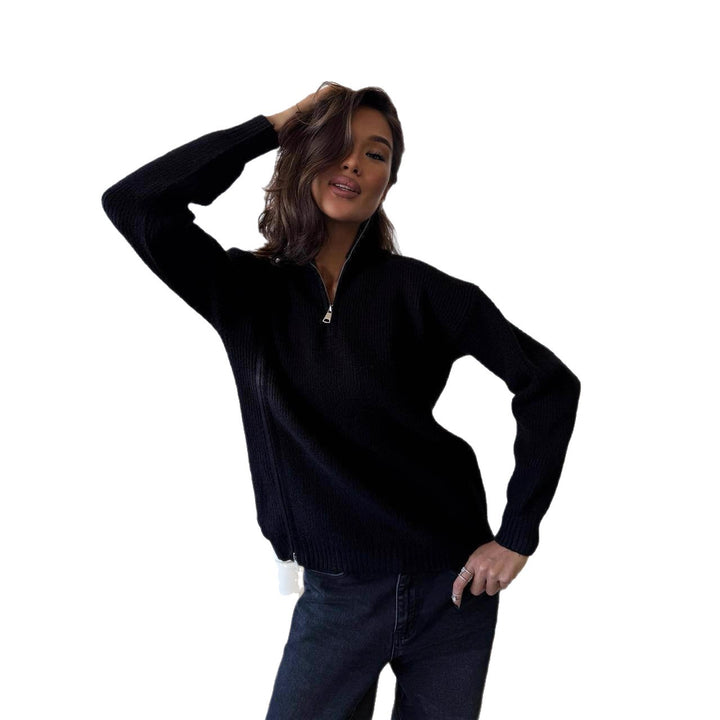 Dame trendy zip sweater med sideslæg og høj krave Stilla
