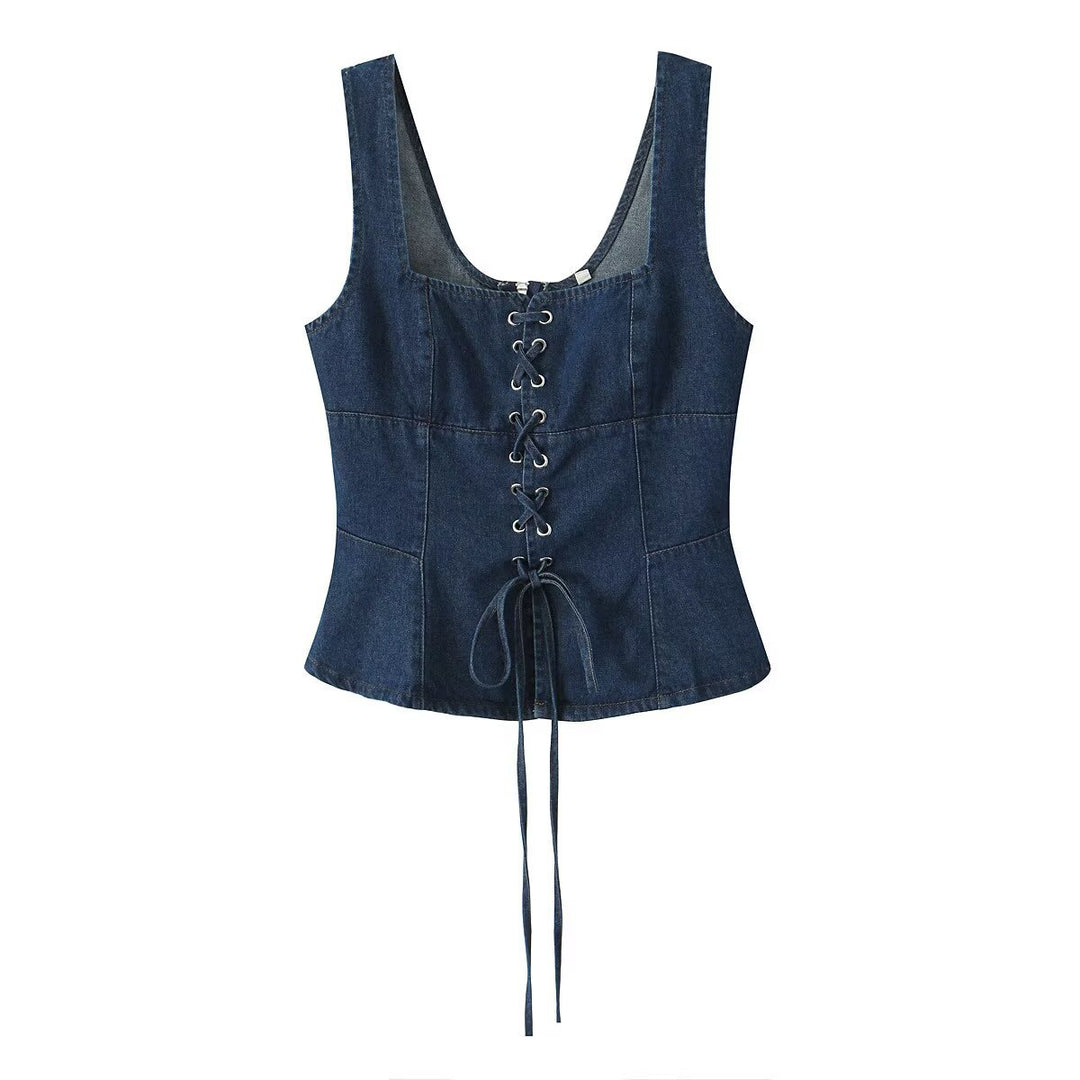 Dame afslappet denim-overdel med snøring og figursyet snit Stilla