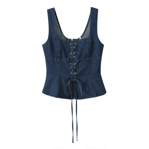 Dame afslappet denim-overdel med snøring og figursyet snit Stilla