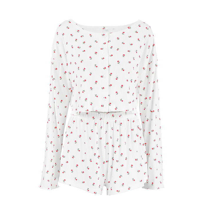 Dame hyggeligt pyjamasæt med blomsterprint og cropped top Stilla