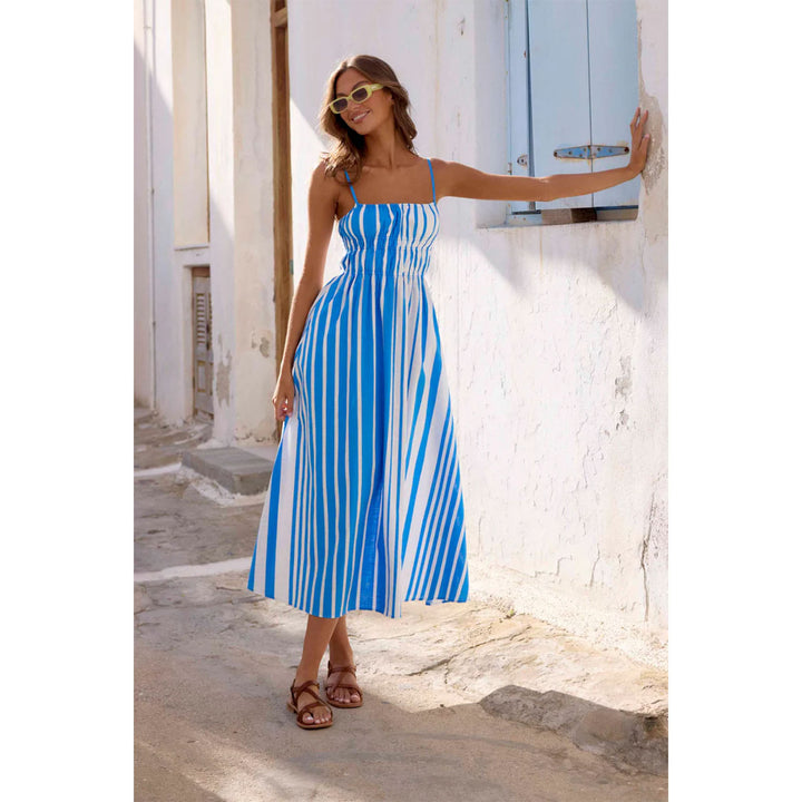 Women's summer maxi dress with narrow straps and sophisticated striped pattern Skovae