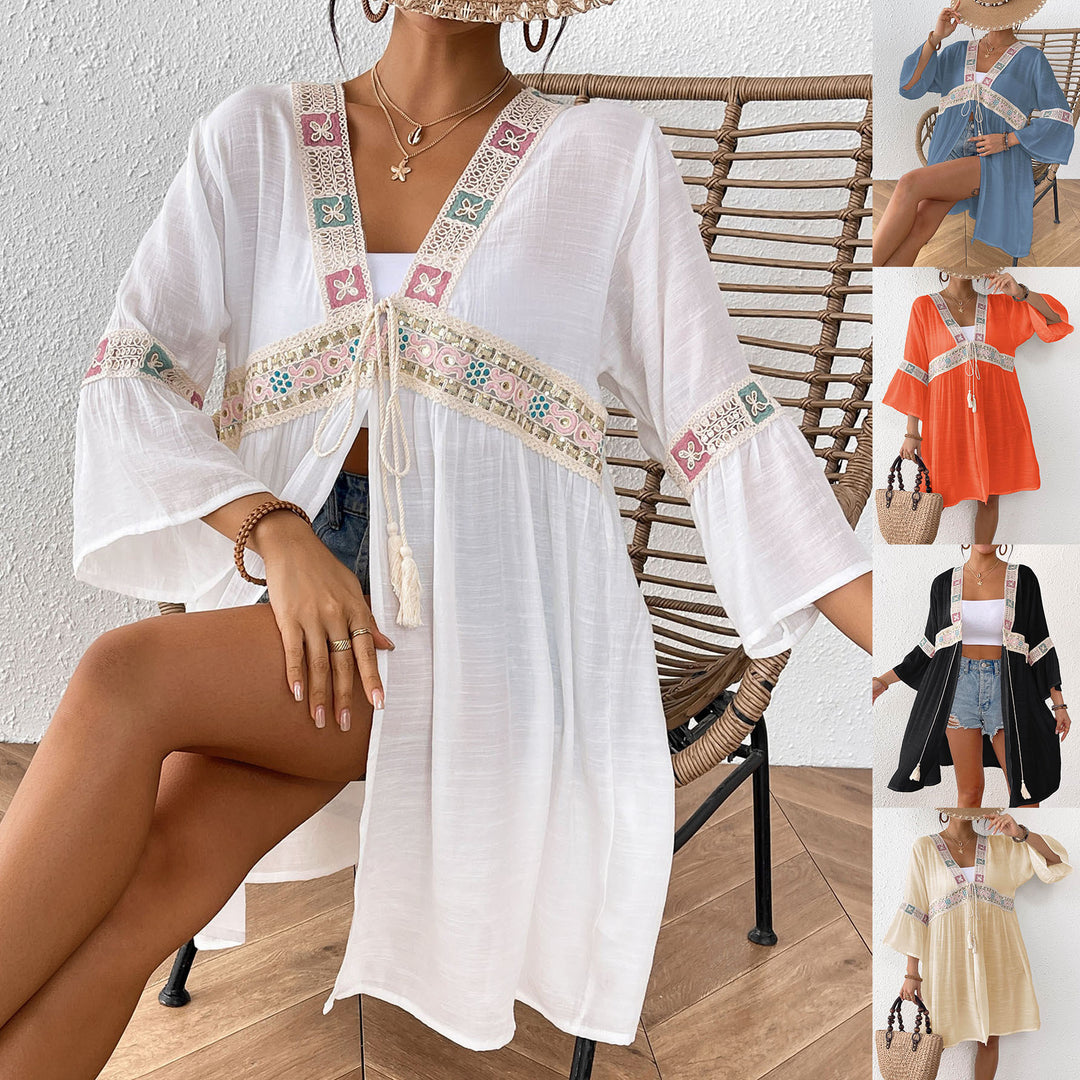 Dame luftig strandkimono med florale broderier Skovae