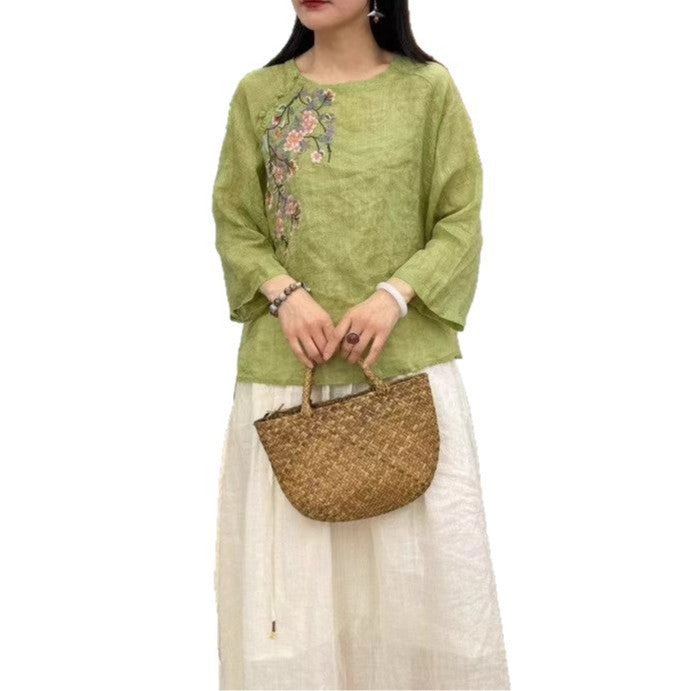 Dame broderet linned blouse med trekvartærmer Stilla