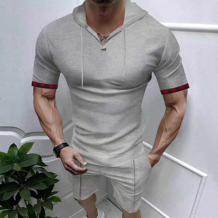 Herrer nano sommerligt hætte-lounge-sæt i let vaffelstruktur med kortærmet hoodie Henley-åbning og komfort-bukser Skovae