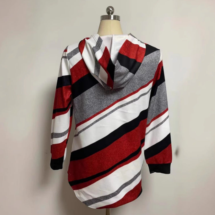 Dame nan Longline-hoodie med diagonal stribemønster, ringlynlås og sidelommer Skovae