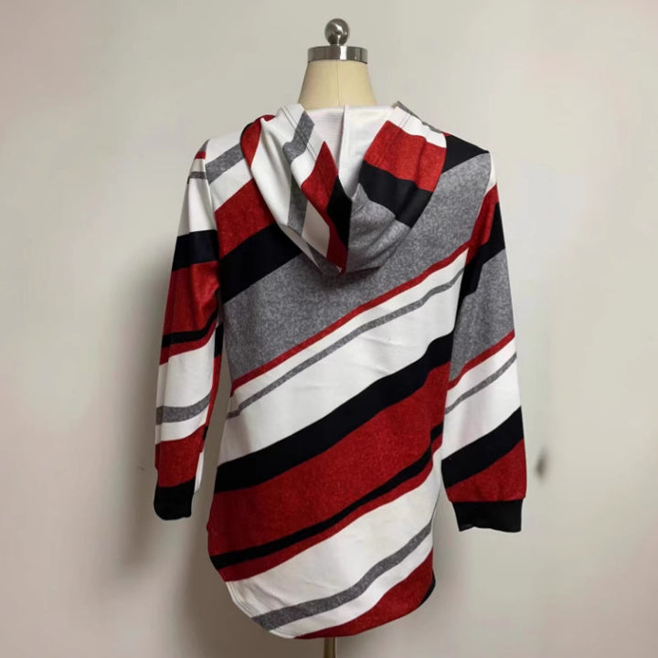 Dame nan Longline-hoodie med diagonal stribemønster, ringlynlås og sidelommer Skovae