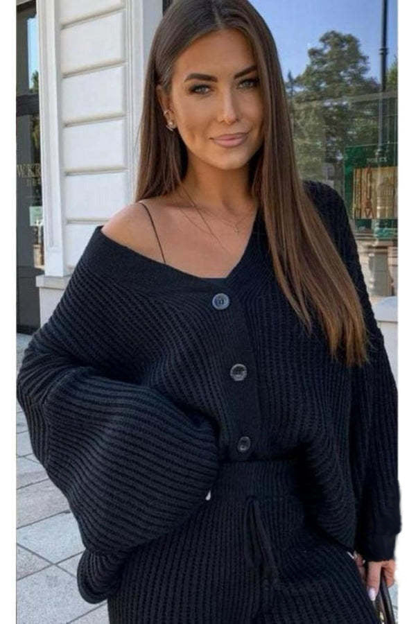 Kvinders strikket loungewear sæt med knapdetaljer og elastisk talje Skovae