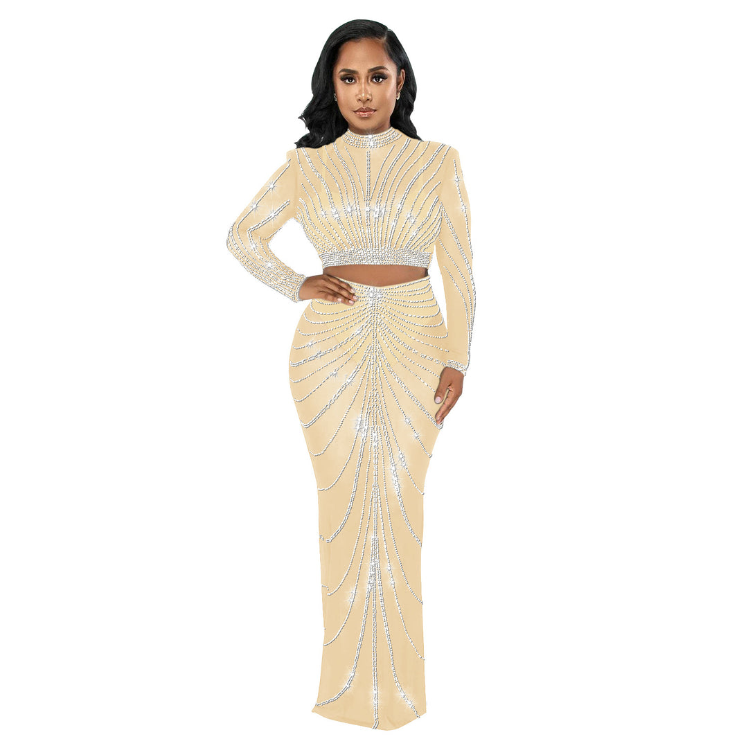 Dame Elegant Crop-Top og Maxi-Nederdel Sæt med glitrende Strass-dekorationer Stilla