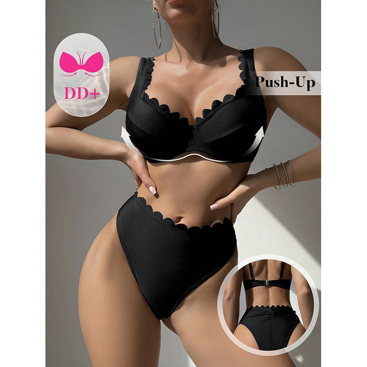 Dame højskåret bikini-sæt med dekorativ bølgekant Skovae