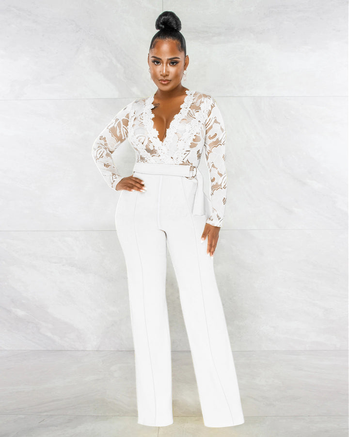 Dame Elegant Jumpsuit med dyb V-udskæring og spidsedetaljer Stilla