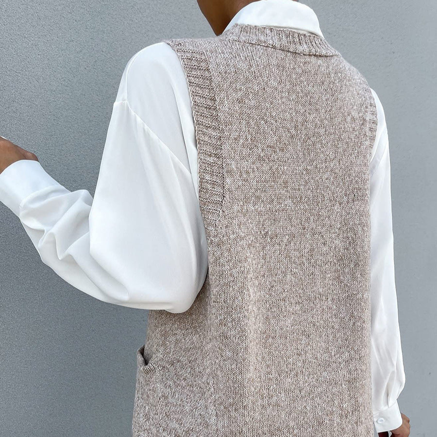Dame Elegant V-Udskæring Strikveste med Lommer Stilla