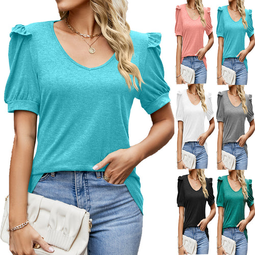 Dame V-hals bluse med puffærmer Stilla