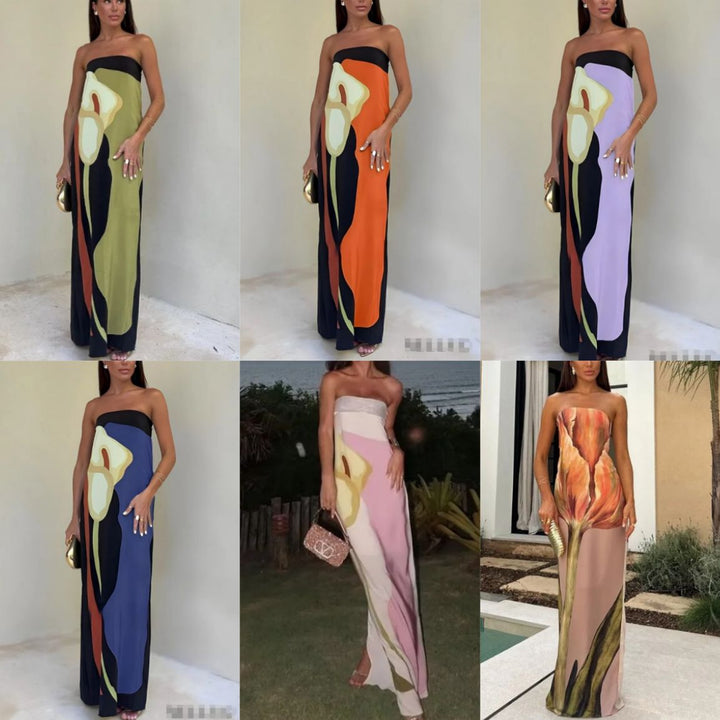 Dame Strapless Maxikjole med kunstnerisk mønster Stilla