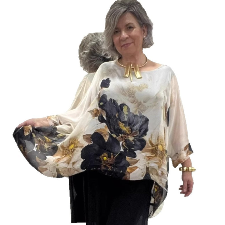 Kvinder nan elegant chiffon-tunika med flagermusærmer og asymmetrisk kant Skovae