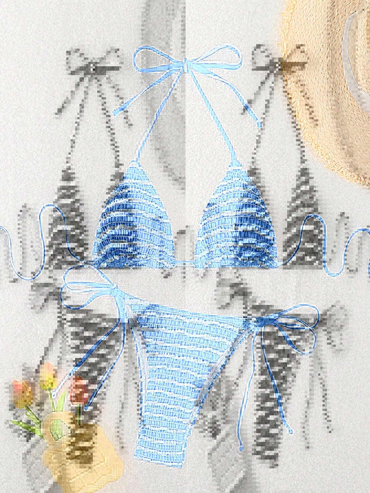 Dame triangle bikini med fint stribemønster og raffinerede bindebånd Skovae