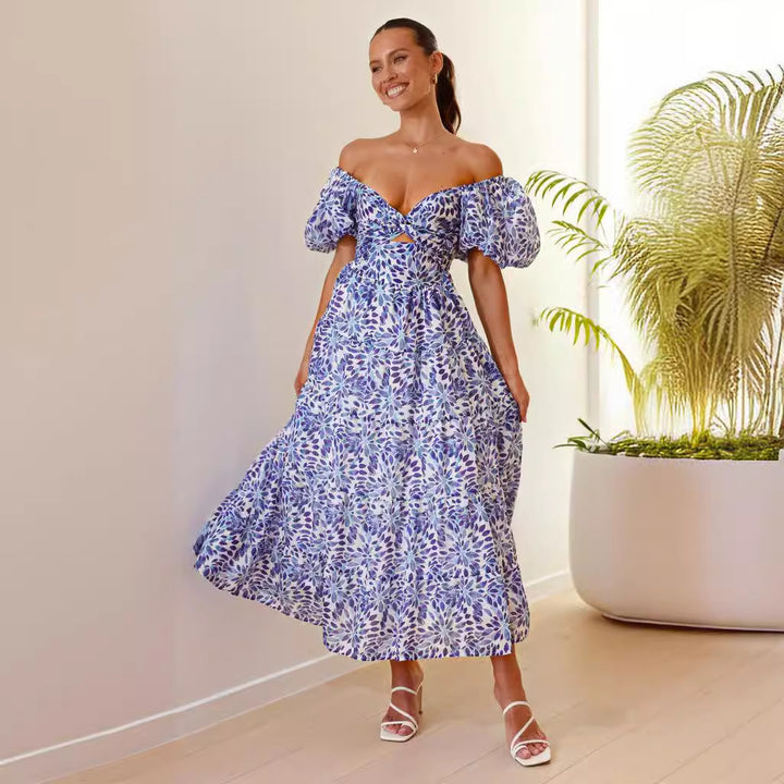 Kvinders maxi kjole med sofistikeret off-the-shoulder design og voluminøse puff ærmer Stilla