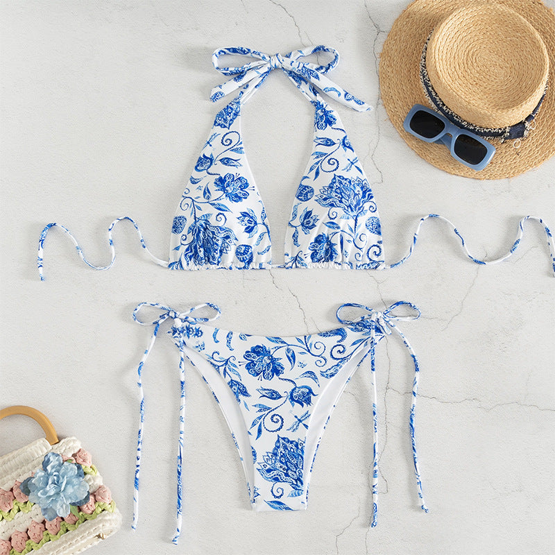 Dame Triangel-Bikini-Sæt med legende blomsterdesign og elegante bindebånd Skovae