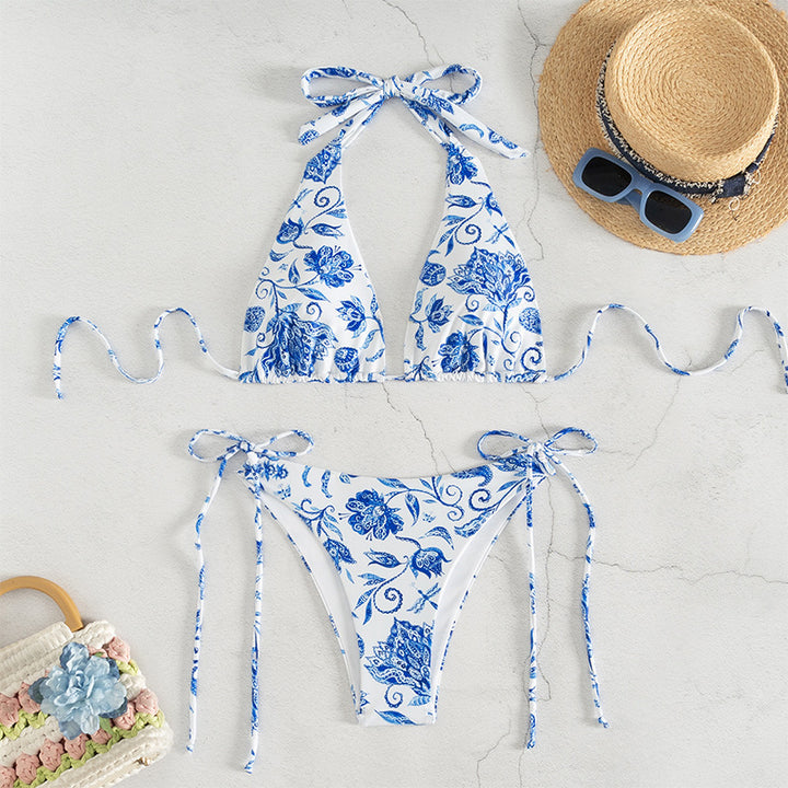 Dame Triangel-Bikini-Sæt med legende blomsterdesign og elegante bindebånd Skovae