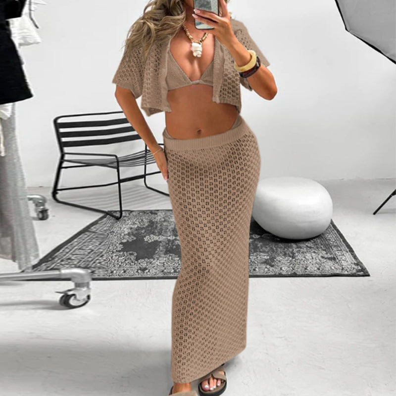 Dame hæklede Crop-Top og Maxi-Nederdel Sæt Skovae