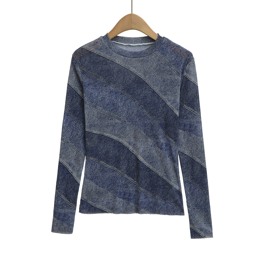 Dame Langærmet skjorte med modet Denim-design og raffinerede diagonale mønstre Stilla