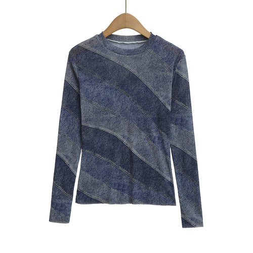 Dame Langærmet skjorte med modet Denim-design og raffinerede diagonale mønstre Stilla