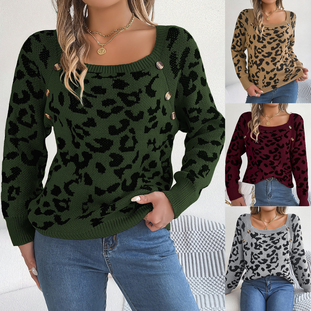 Dame striktrøje med leopardmønster og dekorerede knapper Stilla