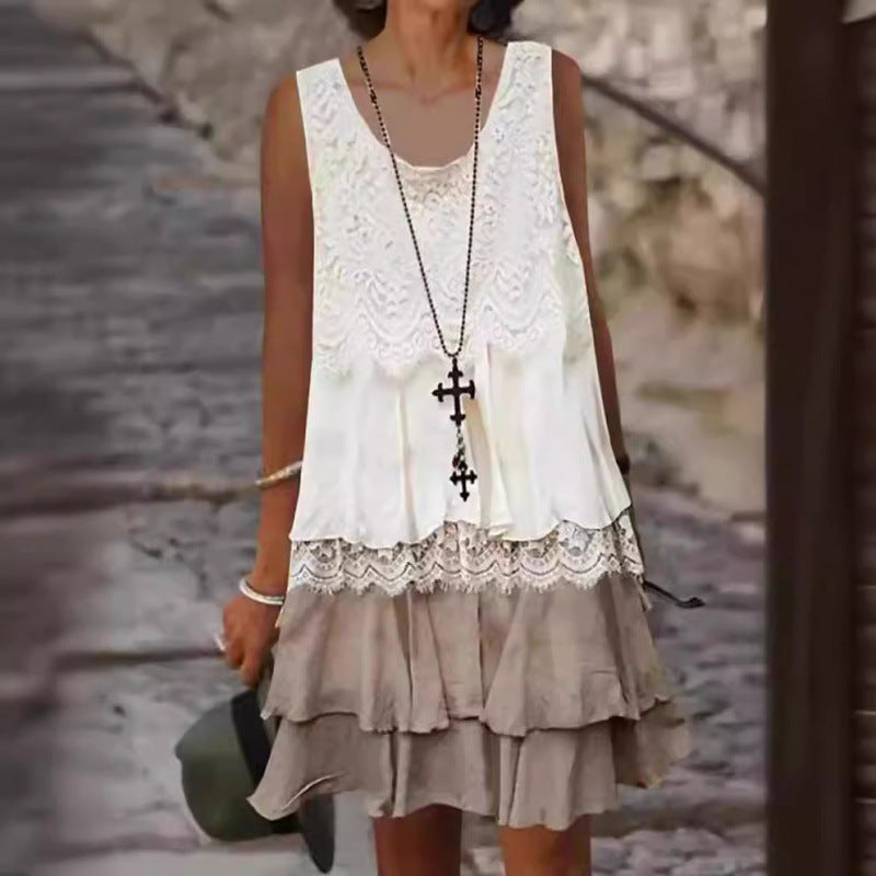Dame Sommer Midi-Kjole med Ruffles detaljer og Spitze Stilla