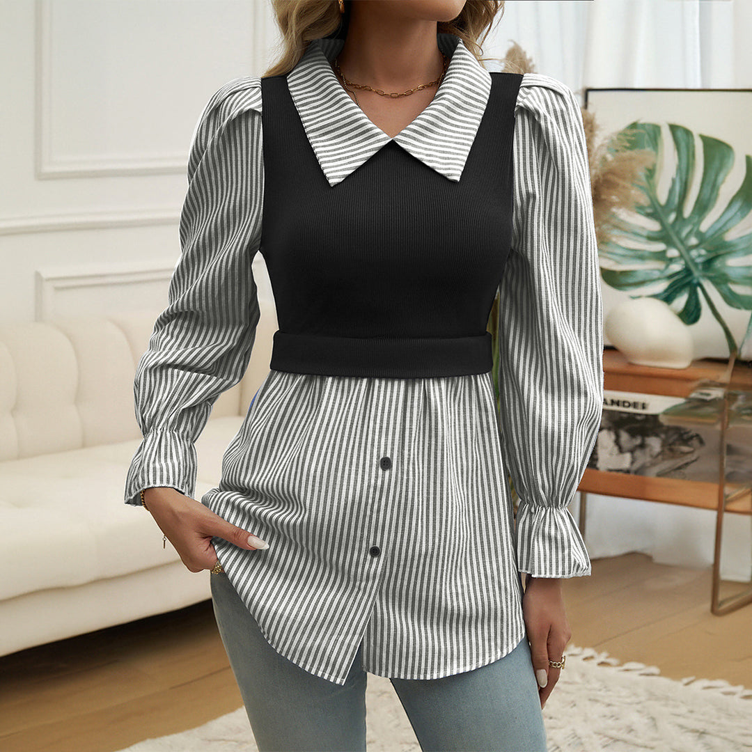Dame moderigtig bluse med puffærmer og stilmix af striber Stilla