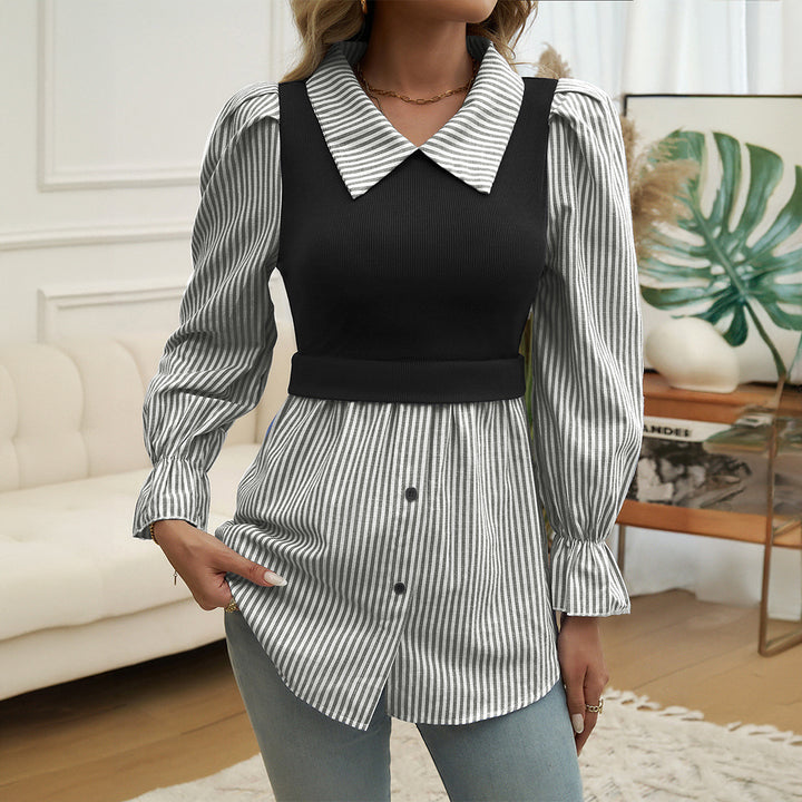 Dame moderigtig bluse med puffærmer og stilmix af striber Stilla