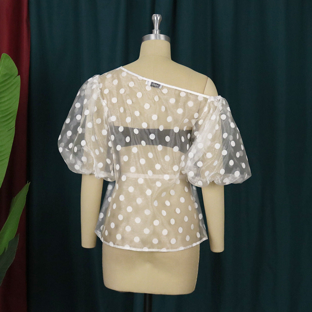 Damer Legesløs Bluse med gennemsigtige Polka-prikker Design og Puffærmer Skovae