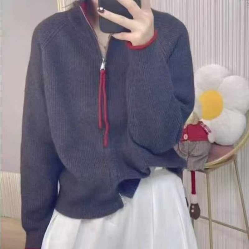 Kvinders strikket sweater med høj krave og lynlås Stilla
