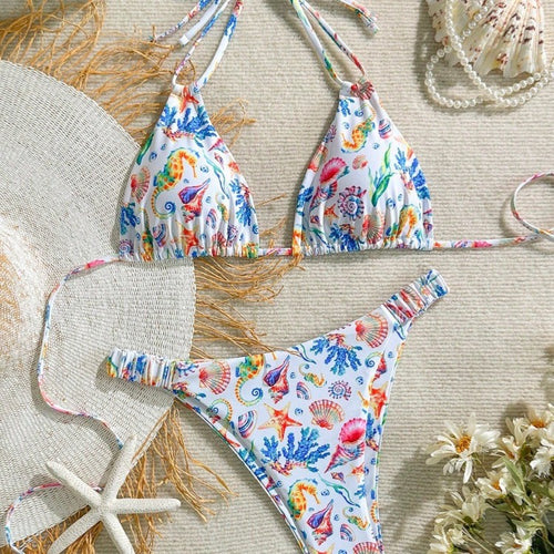 Dame bikini-sæt med farverigt undervandsmotiv og justerbare stropper Skovae