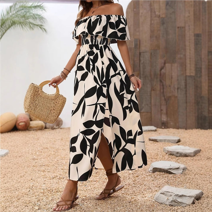 Dame Off-Shoulder Maxikjole med blomsterprint og elastisk taljebånd Stilla