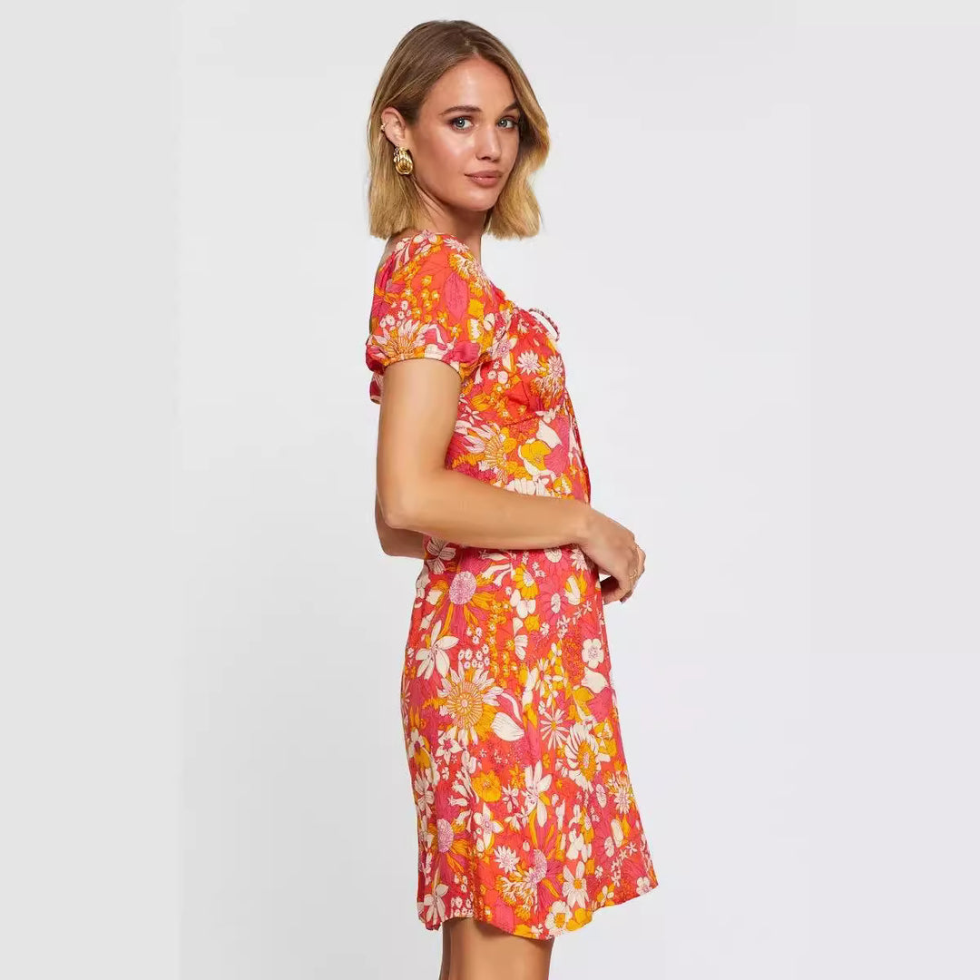 Dame Floral A-linje Mini Kjole med Puffærmer Stilla